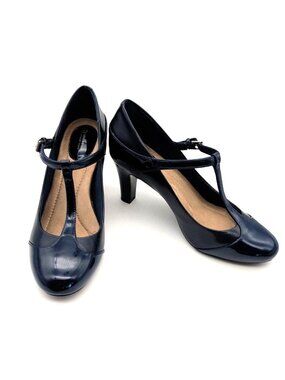 Womens Giani Bernini Memory Foam Leather Mary Jane T Strap Navy Blue Heels 9.5